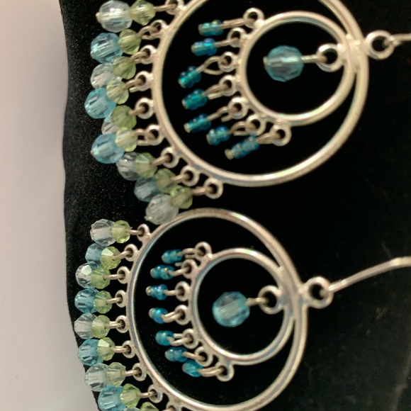 Chandelier Pastel Blue Sapphire Dangle Blue Green Silver Circle Drop Earrings - Picture 2 of 4
